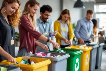 Office workers sort waste into color-coded recycling bins.