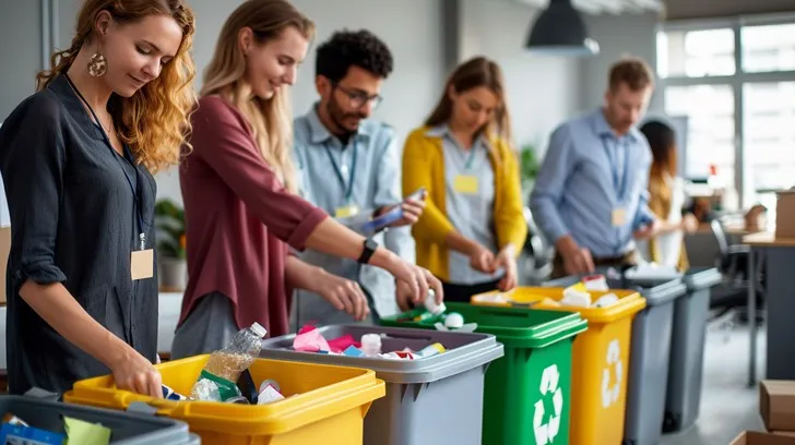 Office workers sort waste into color-coded recycling bins.