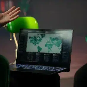 A person gestures while looking at a laptop screen displaying a world map with data visualizations.