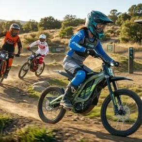 Electric dirt bikers race on a dirt track with a solar-powered charging station in the background.