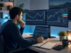 A man in a dark sweater analyzes financial charts on three screens at a modern desk, conveying focus and analytical thinking. The room has a calm, blue-lit ambiance.