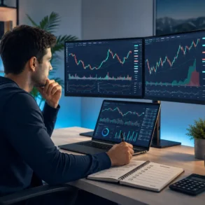 A man in a dark sweater analyzes financial charts on three screens at a modern desk, conveying focus and analytical thinking. The room has a calm, blue-lit ambiance.