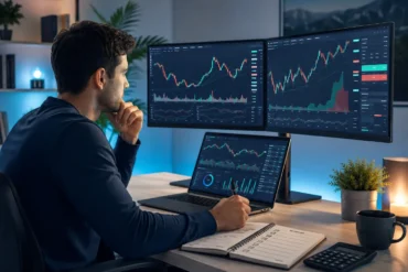 A man in a dark sweater analyzes financial charts on three screens at a modern desk, conveying focus and analytical thinking. The room has a calm, blue-lit ambiance.