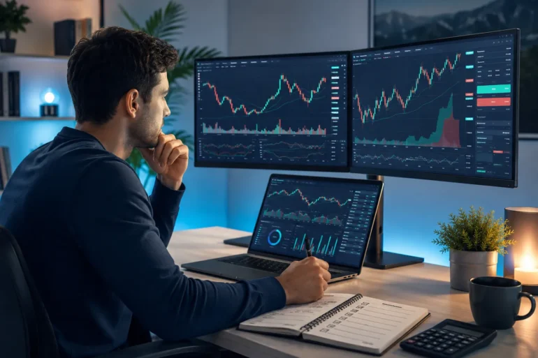 A man in a dark sweater analyzes financial charts on three screens at a modern desk, conveying focus and analytical thinking. The room has a calm, blue-lit ambiance.
