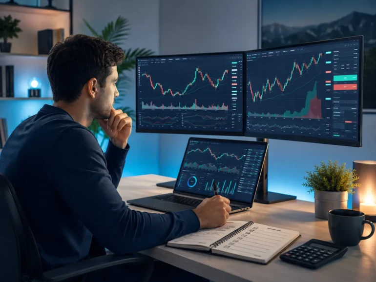 A man in a dark sweater analyzes financial charts on three screens at a modern desk, conveying focus and analytical thinking. The room has a calm, blue-lit ambiance.