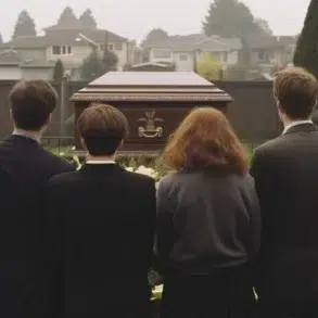 Four people in dark clothing stand facing a casket at a graveside with houses in the background.
