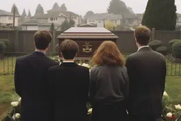 Four people in dark clothing stand facing a casket at a graveside with houses in the background.
