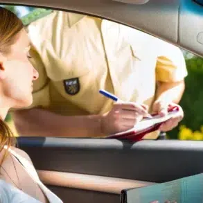 A woman in a car receiving a traffic ticket from a police officer writing on a clipboard outside the driver's window.