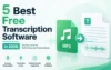 Graphic promoting the 5 best free transcription software in 2026, highlighting accuracy, ease, multiple formats, and security.
