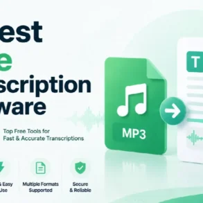Graphic promoting the 5 best free transcription software in 2026, highlighting accuracy, ease, multiple formats, and security.