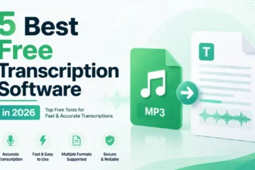 Graphic promoting the 5 best free transcription software in 2026, highlighting accuracy, ease, multiple formats, and security.
