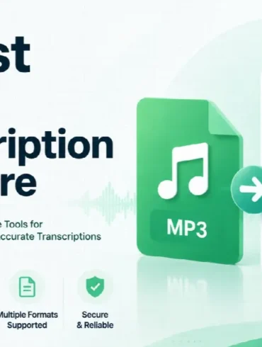 Graphic promoting the 5 best free transcription software in 2026, highlighting accuracy, ease, multiple formats, and security.
