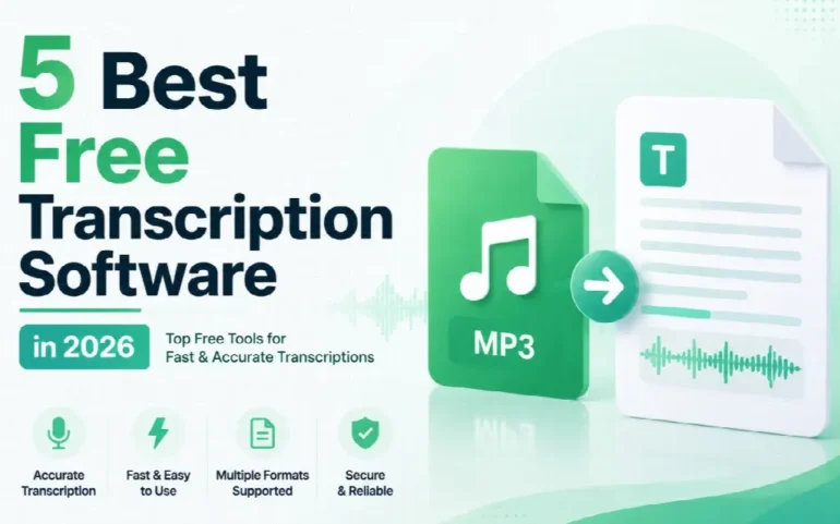 Graphic promoting the 5 best free transcription software in 2026, highlighting accuracy, ease, multiple formats, and security.