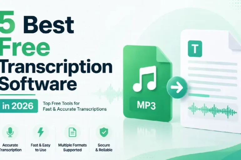 Graphic promoting the 5 best free transcription software in 2026, highlighting accuracy, ease, multiple formats, and security.