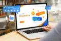Laptop displaying "FIVE STARS FEEDBACK" with positive review icons and graphics.