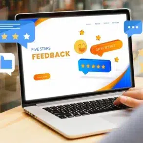 Laptop displaying "FIVE STARS FEEDBACK" with positive review icons and graphics.