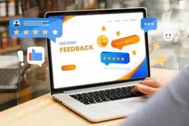 Laptop displaying "FIVE STARS FEEDBACK" with positive review icons and graphics.