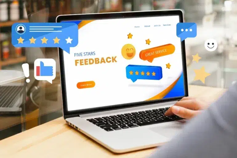 Laptop displaying "FIVE STARS FEEDBACK" with positive review icons and graphics.