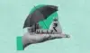A hand holds an umbrella over coins, a bag with an Indian Rupee symbol, and the letters ULIP.