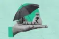 A hand holds an umbrella over coins, a bag with an Indian Rupee symbol, and the letters ULIP.