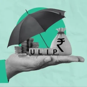 A hand holds an umbrella over coins, a bag with an Indian Rupee symbol, and the letters ULIP.