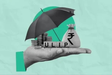 A hand holds an umbrella over coins, a bag with an Indian Rupee symbol, and the letters ULIP.