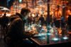 Man types on a laptop in a dimly lit, modern setting with glowing lights and out-of-focus people in the background.