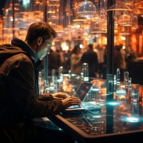Man types on a laptop in a dimly lit, modern setting with glowing lights and out-of-focus people in the background.