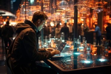 Man types on a laptop in a dimly lit, modern setting with glowing lights and out-of-focus people in the background.