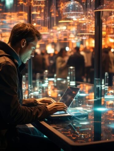 Man types on a laptop in a dimly lit, modern setting with glowing lights and out-of-focus people in the background.