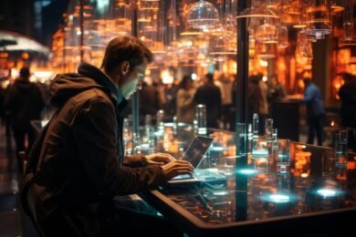 Man types on a laptop in a dimly lit, modern setting with glowing lights and out-of-focus people in the background.