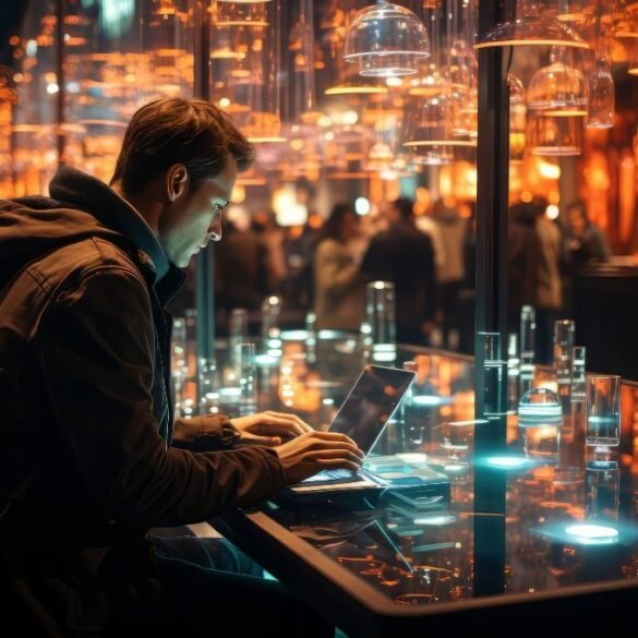 Man types on a laptop in a dimly lit, modern setting with glowing lights and out-of-focus people in the background.