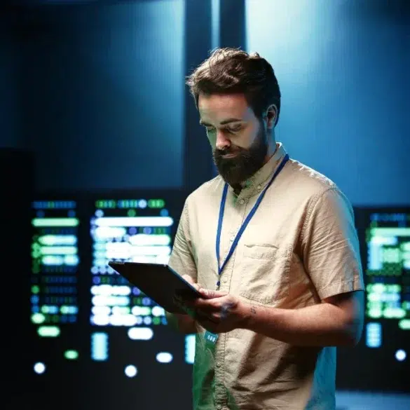 Man with beard in tan shirt holding tablet in front of glowing server racks.