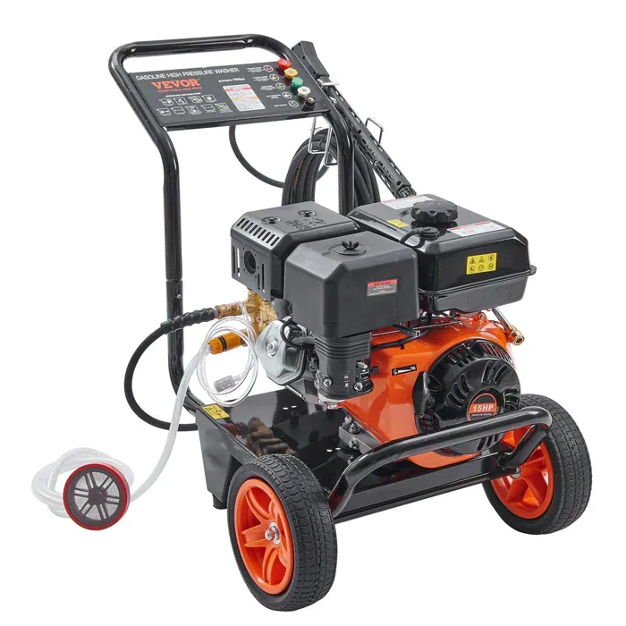 Orange and black VEVOR pressure washer is shown in the foreground with a worker power washing a truck's tires in the background.