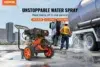 Orange and black VEVOR pressure washer is shown in the foreground with a worker power washing a truck's tires in the background.