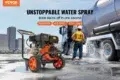 Orange and black VEVOR pressure washer is shown in the foreground with a worker power washing a truck's tires in the background.
