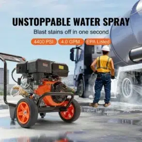 Orange and black VEVOR pressure washer is shown in the foreground with a worker power washing a truck's tires in the background.