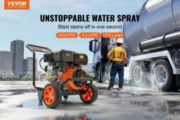 Orange and black VEVOR pressure washer is shown in the foreground with a worker power washing a truck's tires in the background.