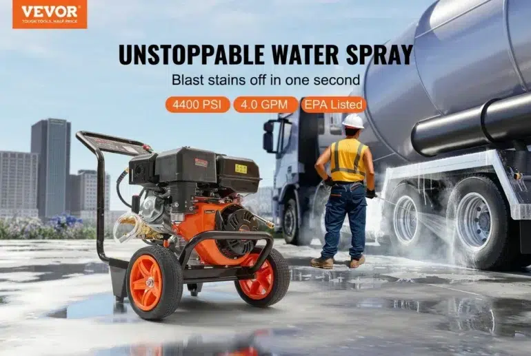 Orange and black VEVOR pressure washer is shown in the foreground with a worker power washing a truck's tires in the background.
