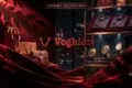 Luxury shopping bags, a handbag, dress shirts, and watches are displayed in a dimly lit, opulent setting with red velvet.