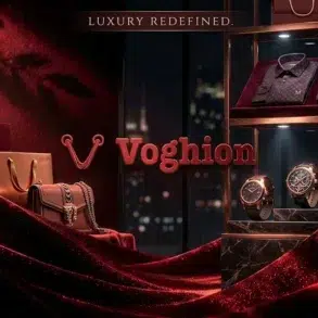 Luxury shopping bags, a handbag, dress shirts, and watches are displayed in a dimly lit, opulent setting with red velvet.