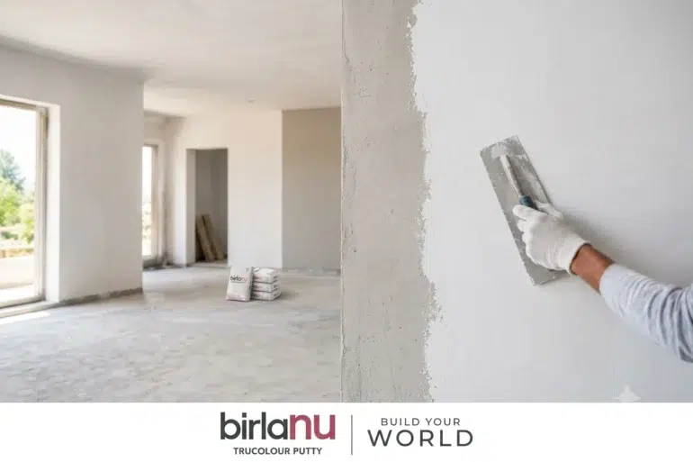 A gloved hand applies putty to a white wall in a spacious, unfinished room with large windows. Two bags of putty are on the floor. Calm, constructive atmosphere.