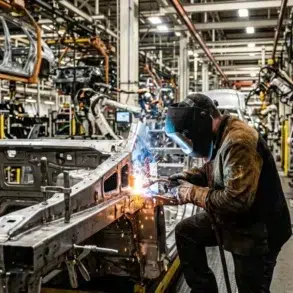 A welder in a mask and protective clothing sparks bright blue and orange while joining metal car frame parts on an assembly line.