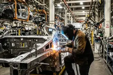 A welder in a mask and protective clothing sparks bright blue and orange while joining metal car frame parts on an assembly line.