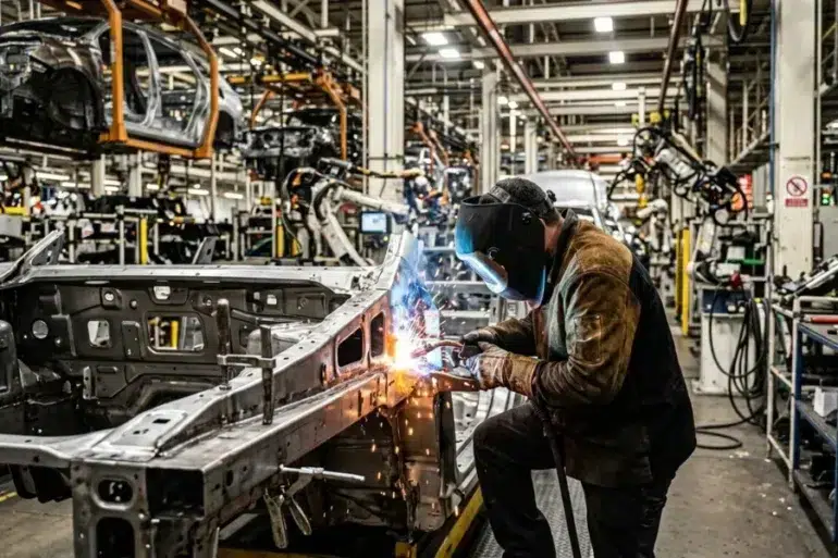 A welder in a mask and protective clothing sparks bright blue and orange while joining metal car frame parts on an assembly line.