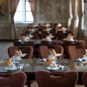 Rows of dark wooden dining tables with place settings featuring folded napkins in bowls and patterned chairs in a restaurant with large windows.