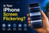 A hand holding an iPhone with a flickering screen. Text reads, "Is Your iPhone Screen Flickering?" with icons: Software Update, Adjust Brightness, Restart iPhone, Check for Damage, Reset Settings. Background is blue, conveying a troubleshooting theme.