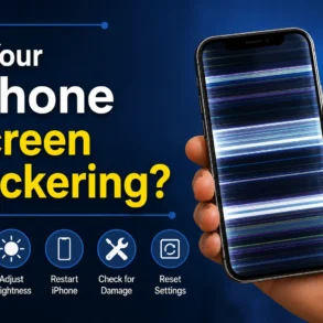 A hand holding an iPhone with a flickering screen. Text reads, "Is Your iPhone Screen Flickering?" with icons: Software Update, Adjust Brightness, Restart iPhone, Check for Damage, Reset Settings. Background is blue, conveying a troubleshooting theme.