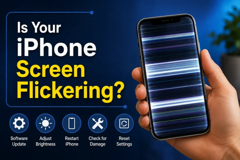 A hand holding an iPhone with a flickering screen. Text reads, "Is Your iPhone Screen Flickering?" with icons: Software Update, Adjust Brightness, Restart iPhone, Check for Damage, Reset Settings. Background is blue, conveying a troubleshooting theme.