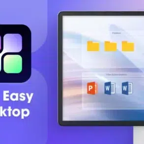 Screenshot of the iTop Easy Desktop software interface, showing organized folders and files on a simulated desktop.